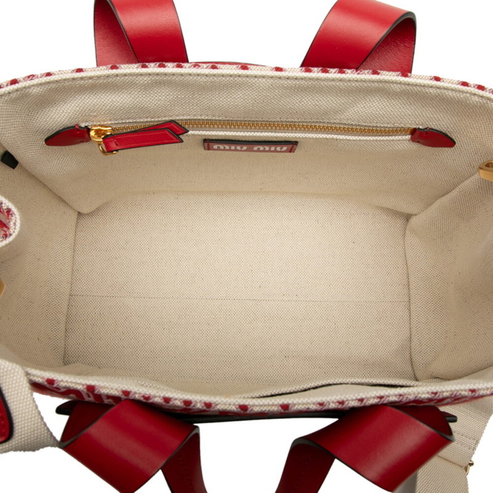 Miu Miu Miu Canapa Jacquard Handbag Shoulder Bag 2WAY 5BA085 Red Canvas Leath... - Picture 4 of 6
